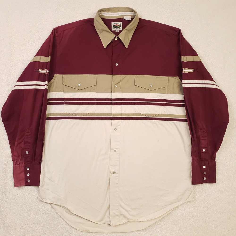Cumberland Outfitters Western Shirt Men XL Burgundy Tan Stripe Pearl Snap Cowboy